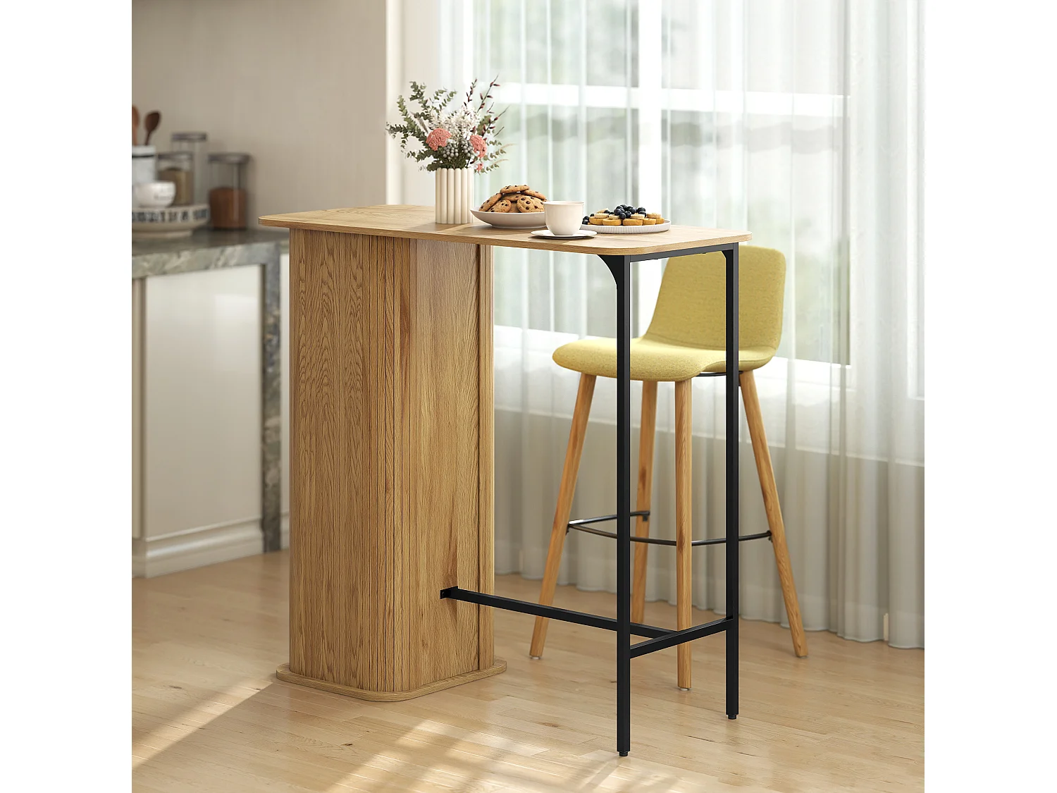 Table de bar table haute table mange-debout design arrondi 3 étagères métal noir effet bois
