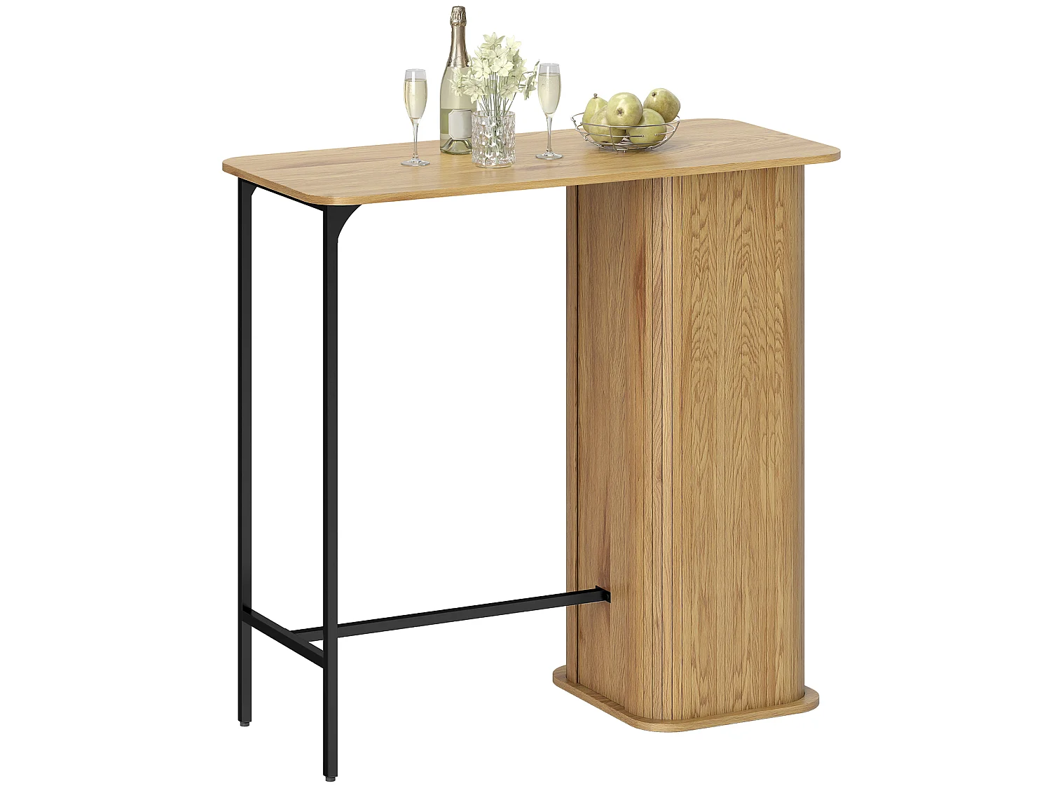 Table de bar table haute table mange-debout design arrondi 3 étagères métal noir effet bois
