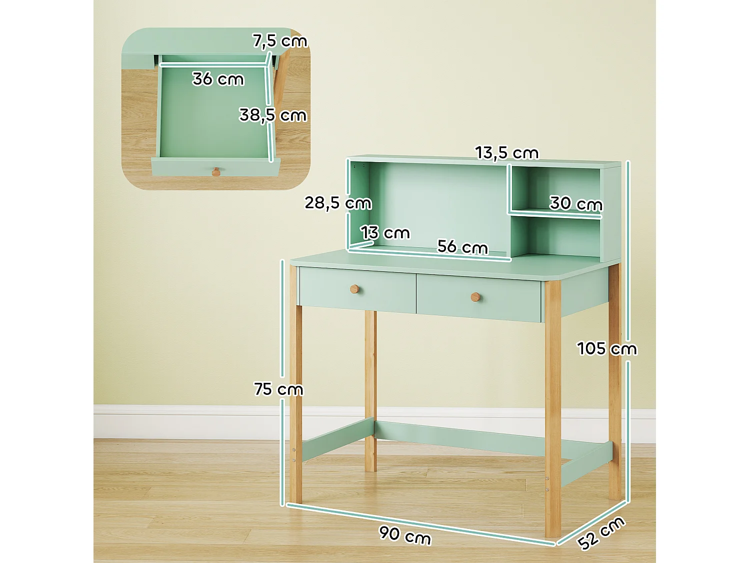 Bureau enfant style nordique bois clair vert pastel 2 tiroirs 3 niches