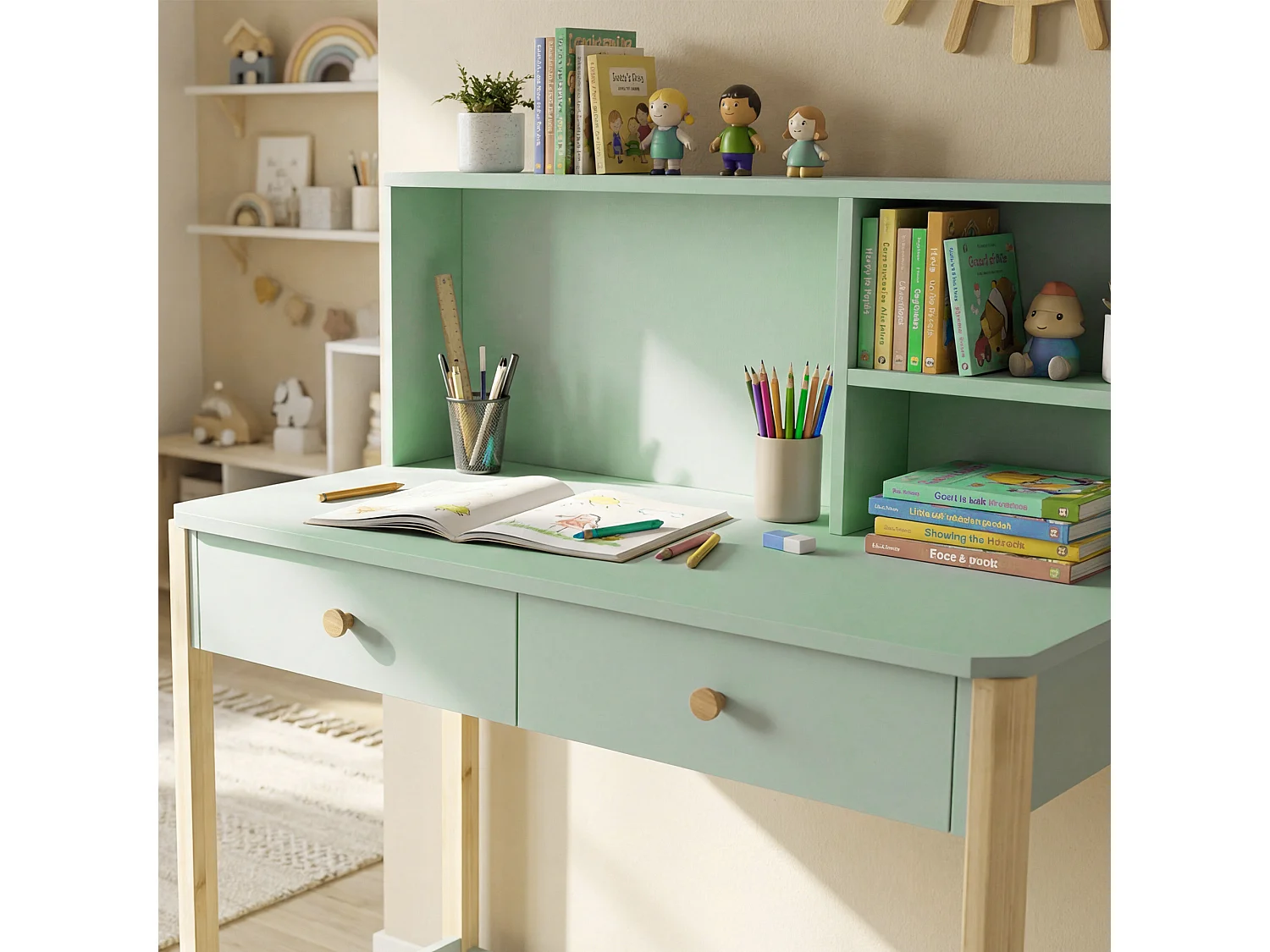 Bureau enfant style nordique bois clair vert pastel 2 tiroirs 3 niches