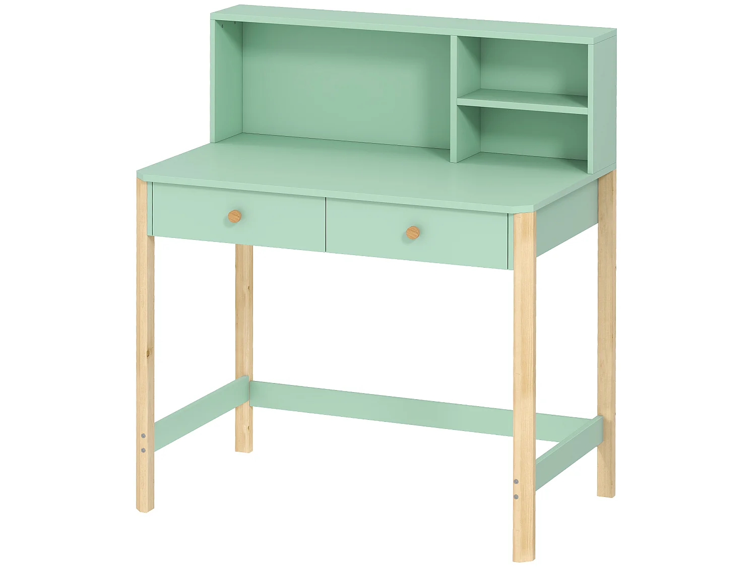 Bureau enfant style nordique bois clair vert pastel 2 tiroirs 3 niches