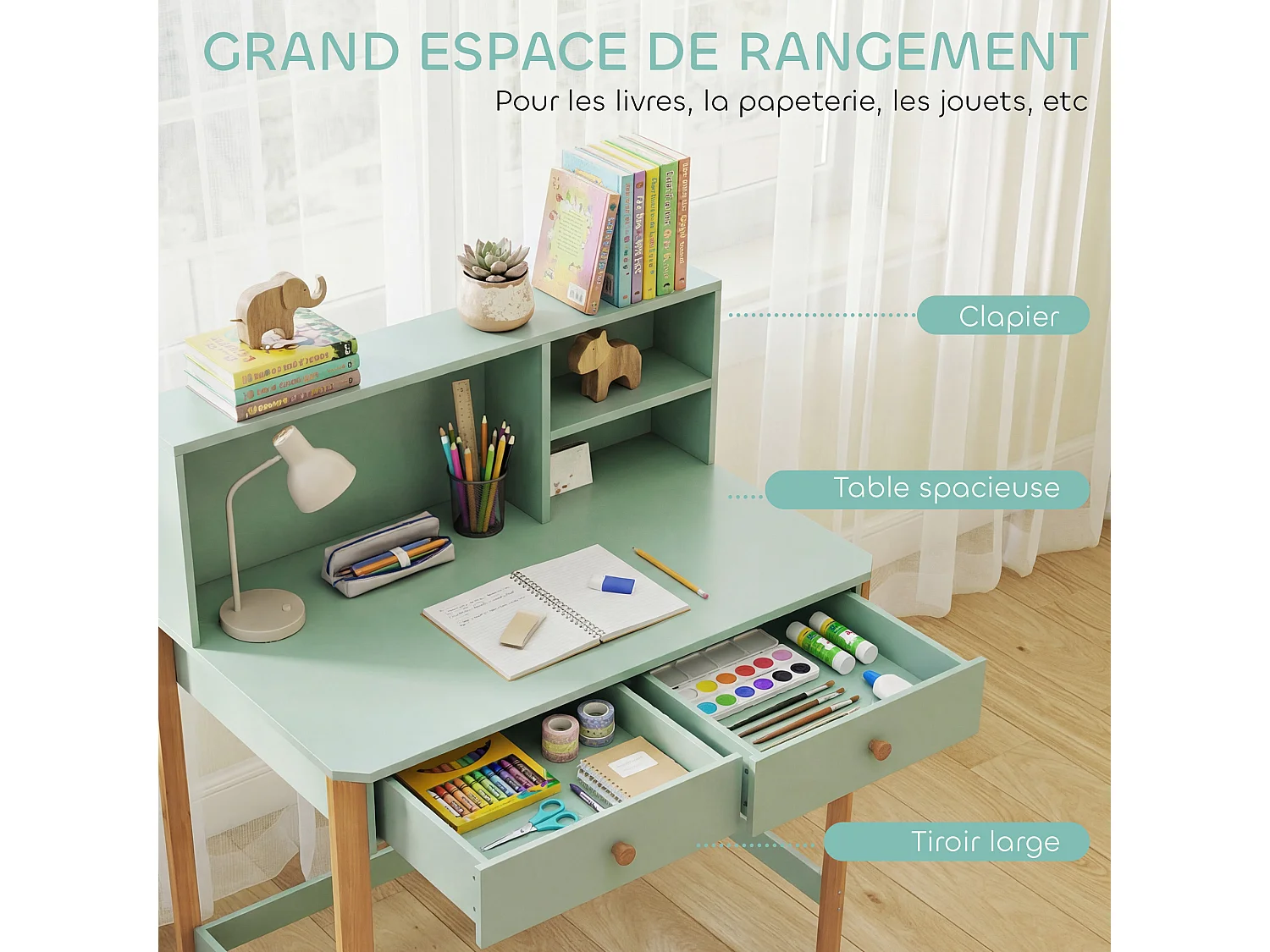 Bureau enfant style nordique bois clair vert pastel 2 tiroirs 3 niches