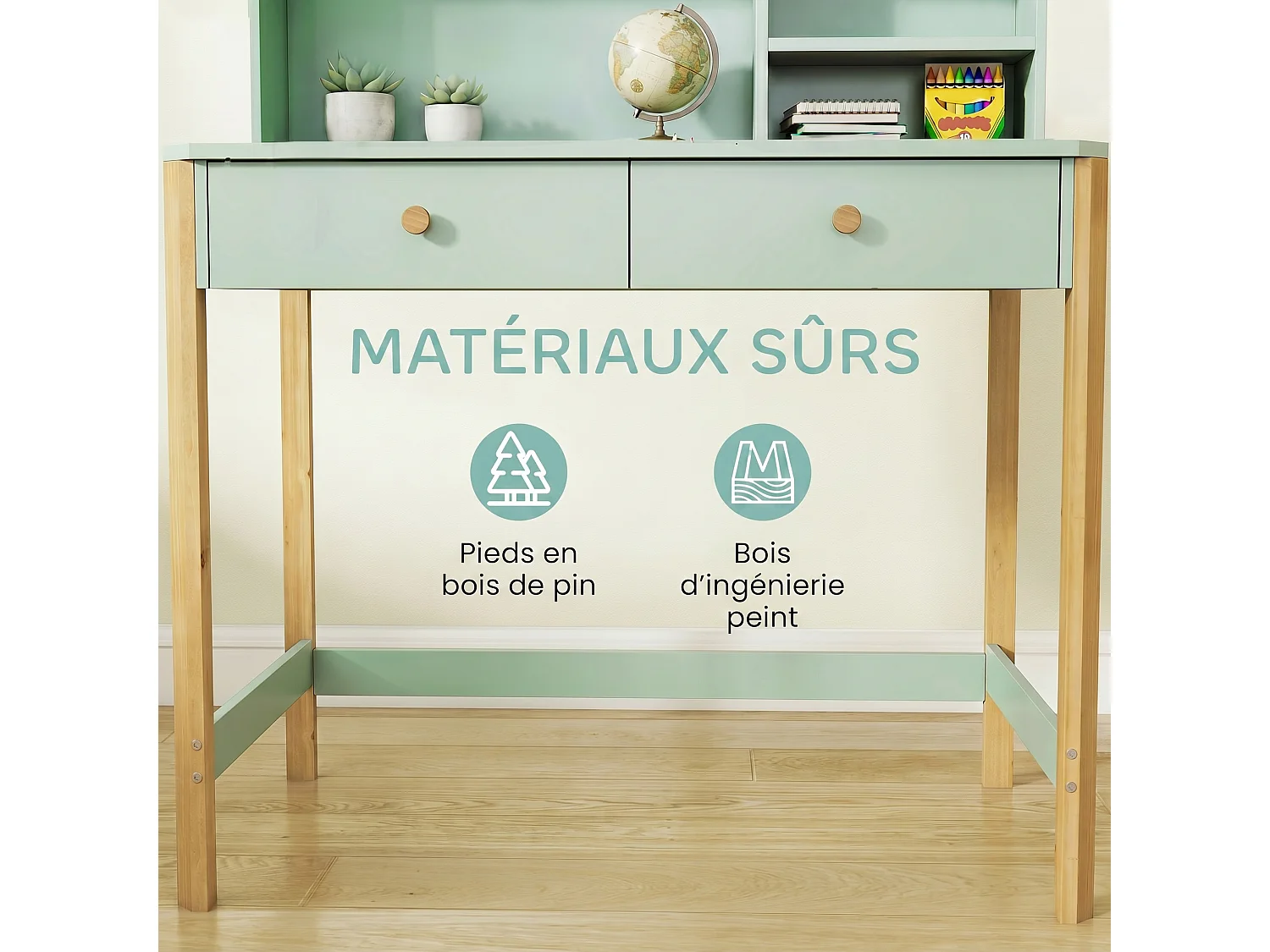 Bureau enfant style nordique bois clair vert pastel 2 tiroirs 3 niches
