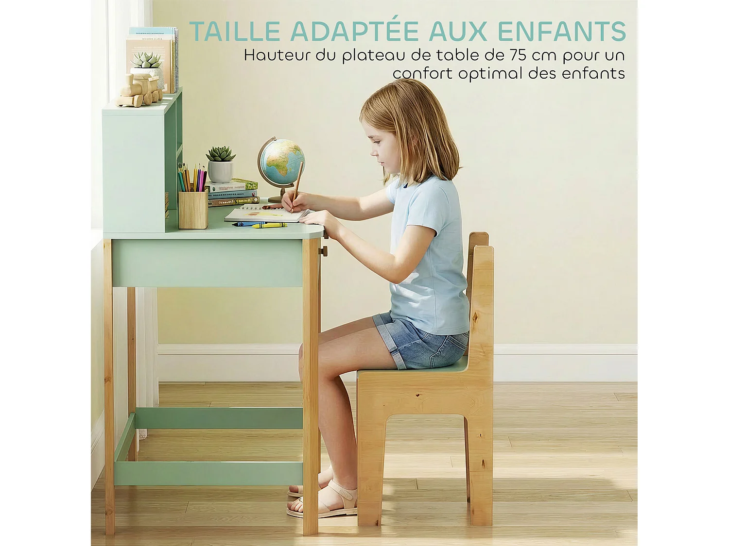Bureau enfant style nordique bois clair vert pastel 2 tiroirs 3 niches