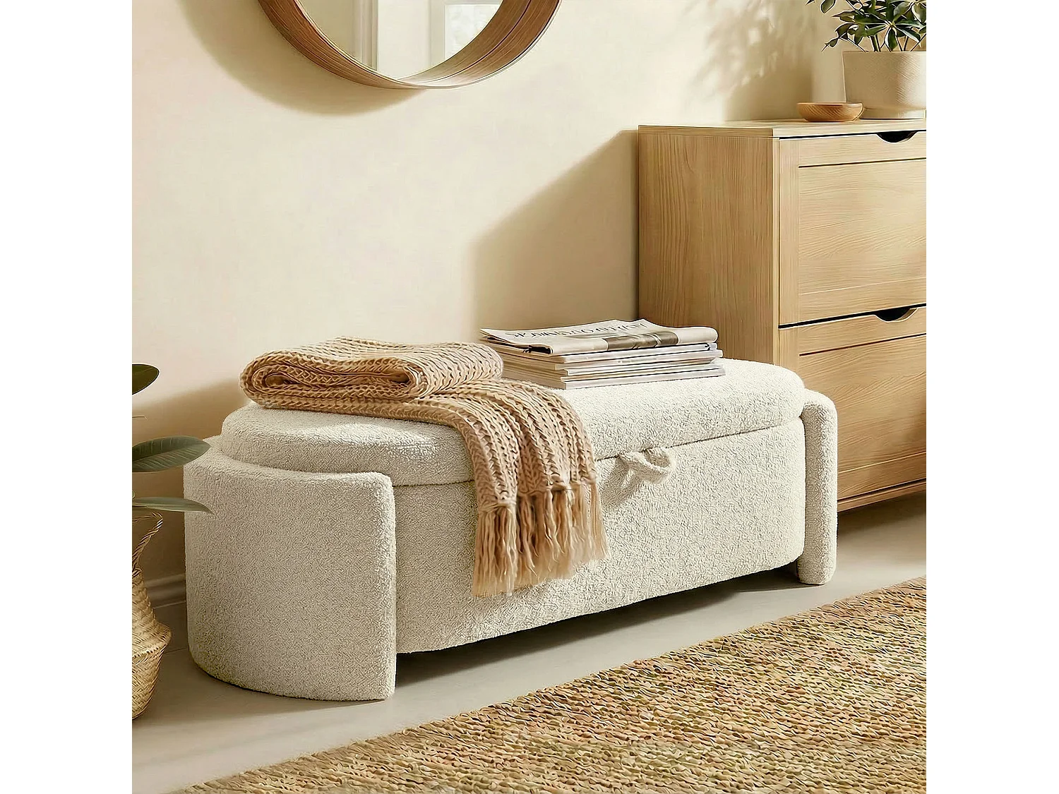 Banc coffre bouclette - bout de lit - dim. 129 x 48,5 x 44 cm - crème