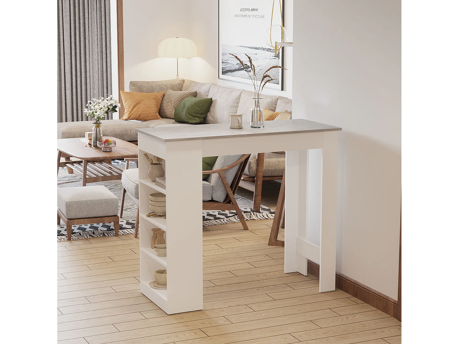 Table de bar table haute table mange-debout 2 personnes 4 étagères blanc effet béton ciré
