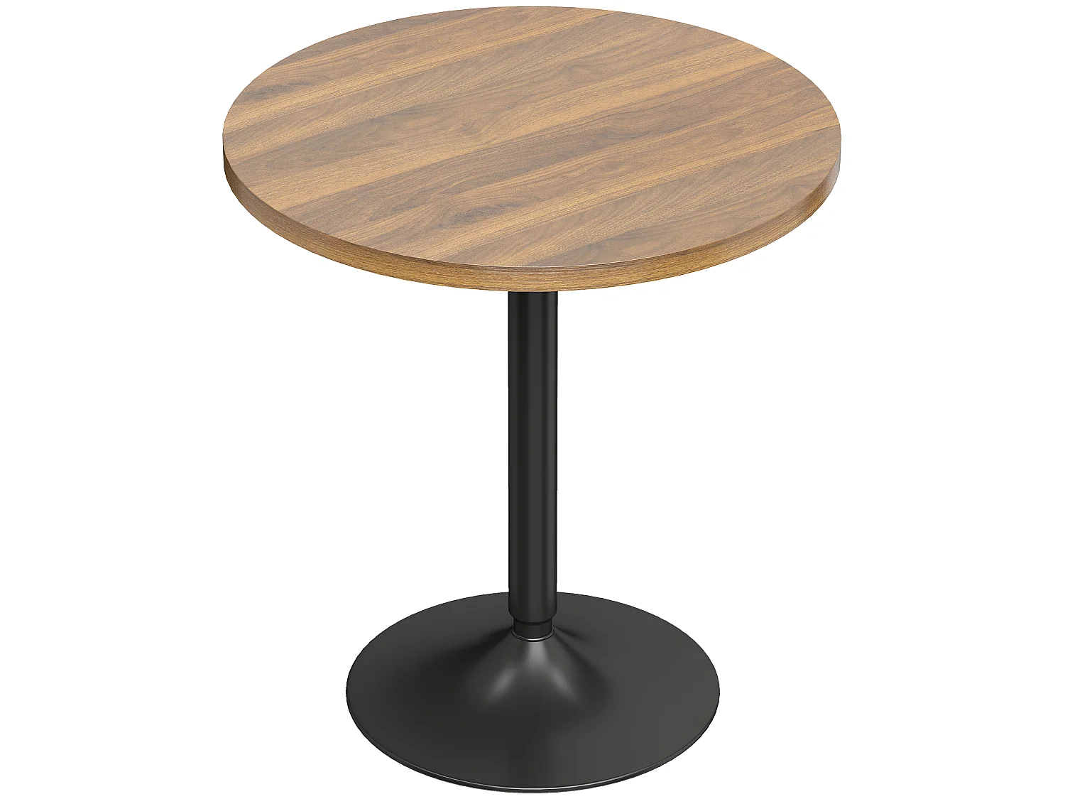 Table de bar ronde piètement métal noir plateau effet bois noyer
