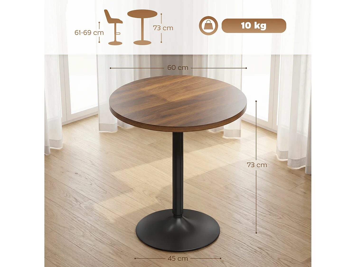 Table de bar ronde piètement métal noir plateau effet bois noyer