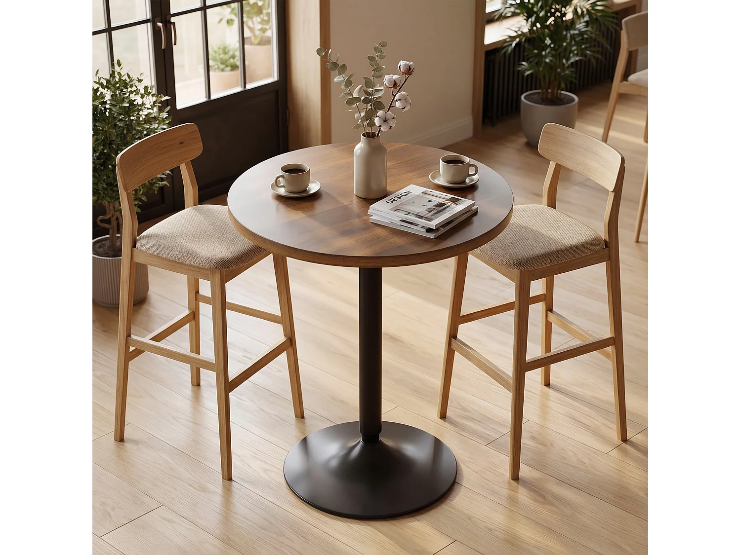 Table de bar ronde piètement métal noir plateau effet bois noyer