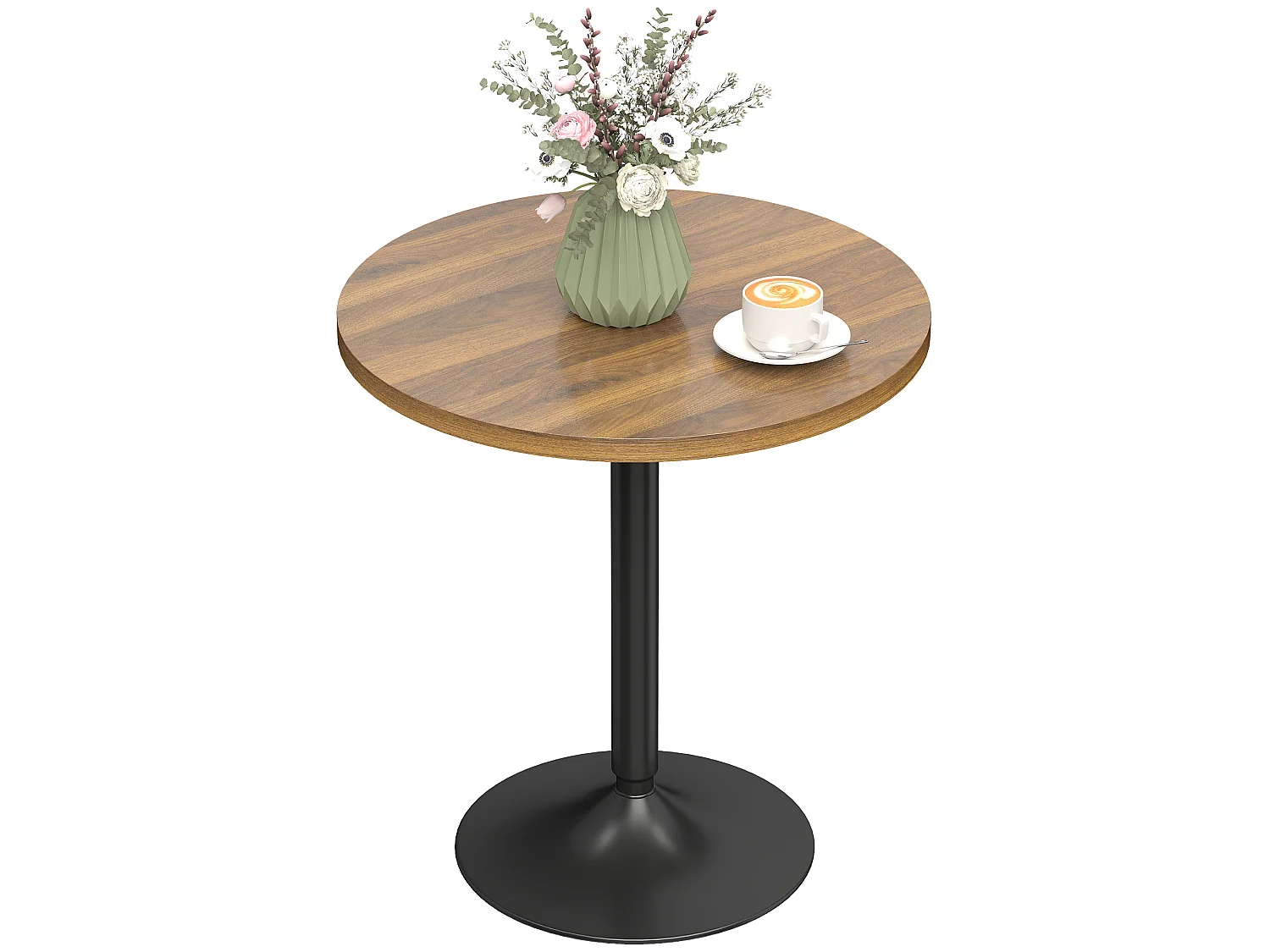 Table de bar ronde piètement métal noir plateau effet bois noyer