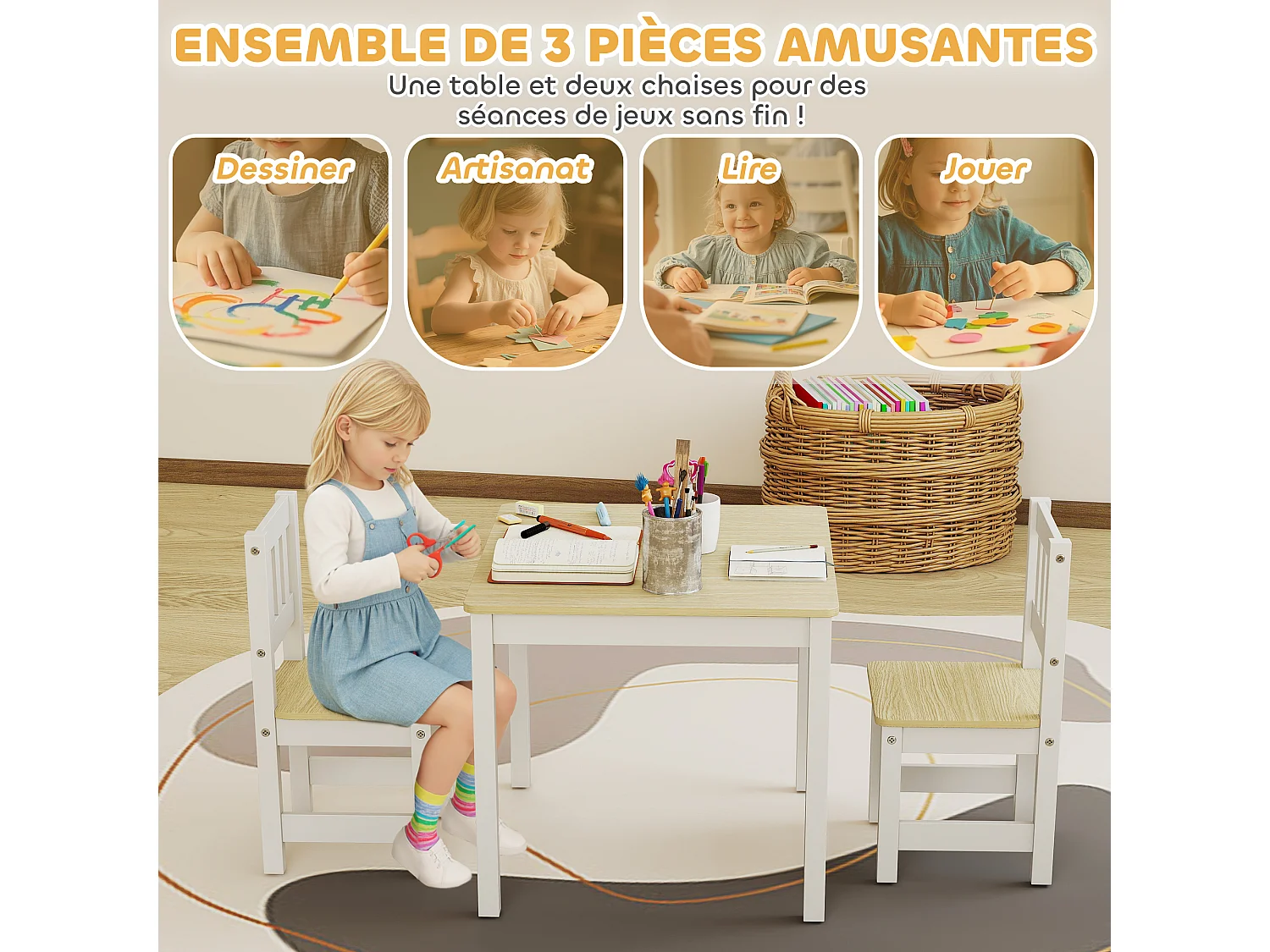 Ensemble table et chaises enfant en bois style nordique