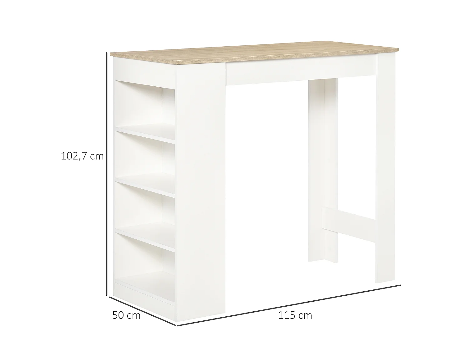 Table de bar table haute table mange-debout 2 personnes 4 étagères blanc effet bois naturel