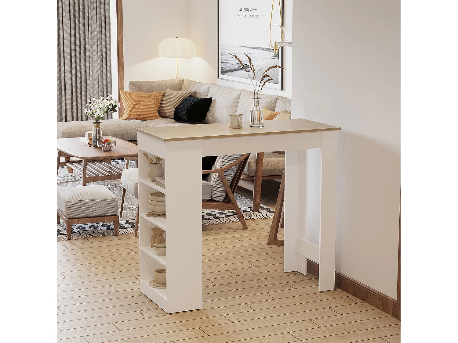 Table de bar table haute table mange-debout 2 personnes 4 étagères blanc effet bois naturel