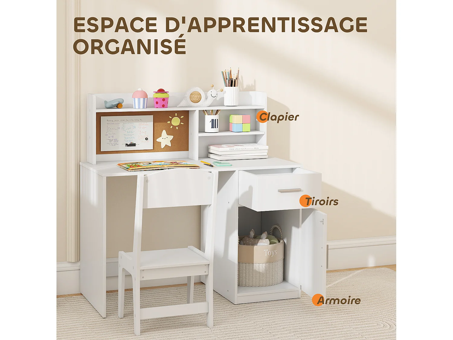 Ensemble bureau enfant multi-rangement avec chaise blanc