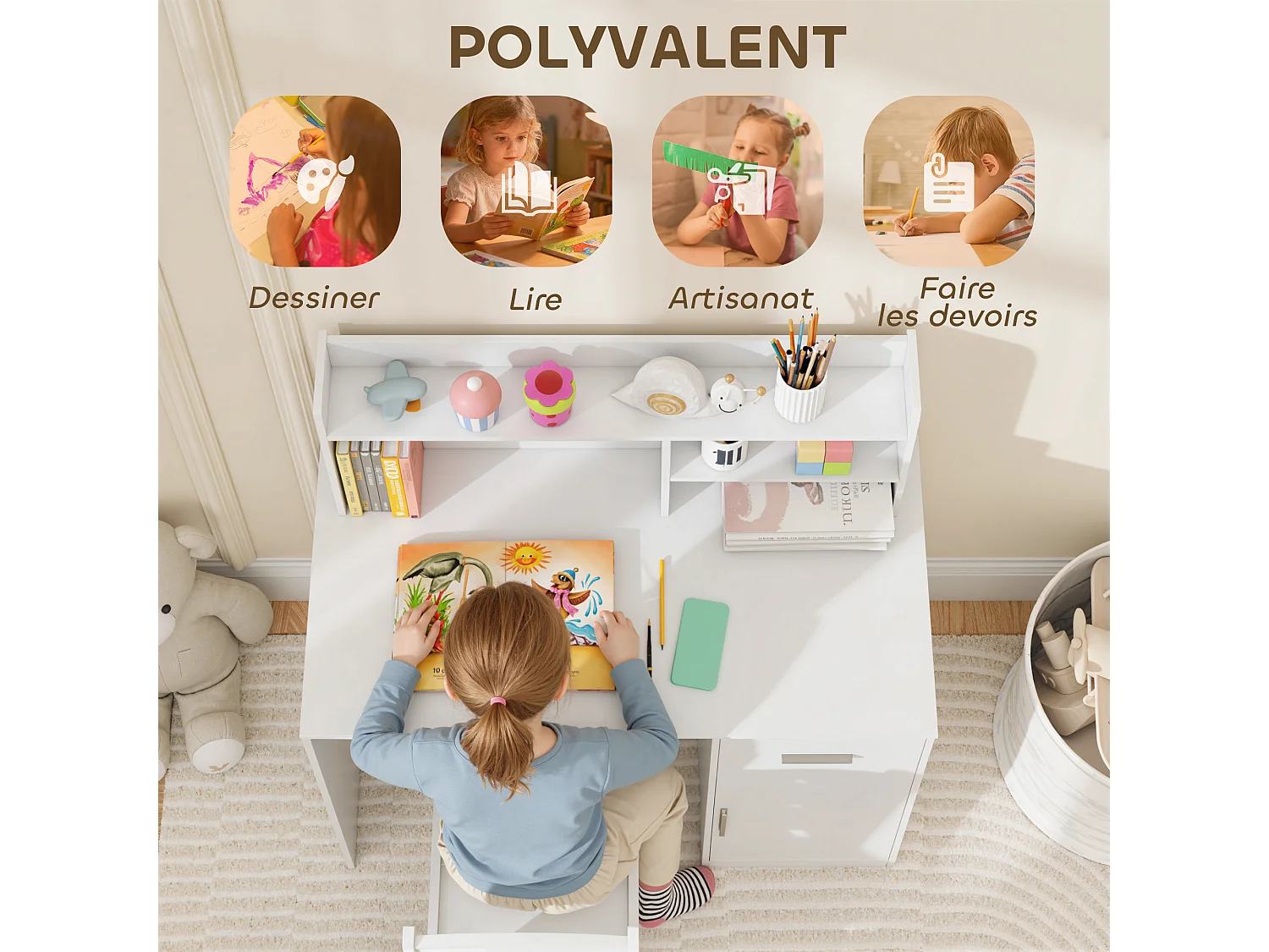 Ensemble bureau enfant multi-rangement avec chaise blanc