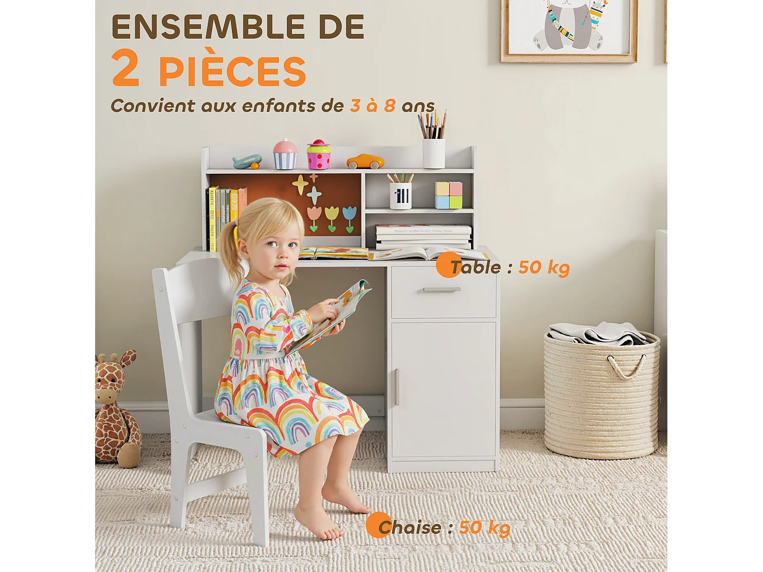 Ensemble bureau enfant multi-rangement avec chaise blanc