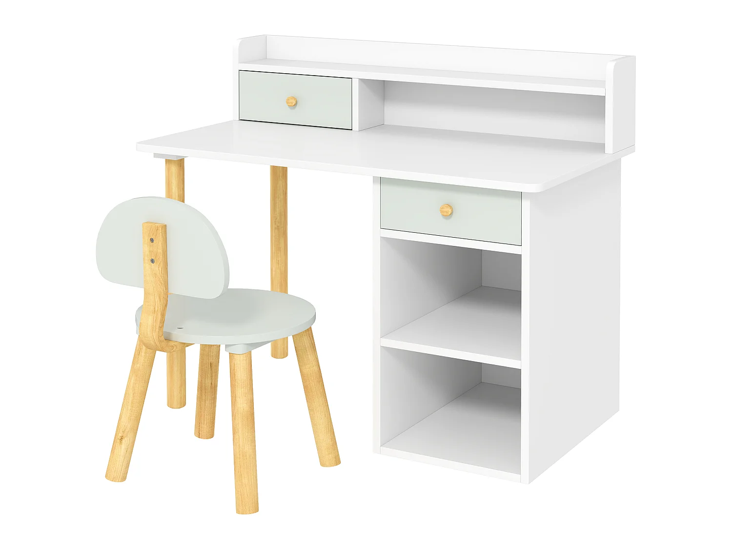 Bureau enfant avec chaise 2 tiroirs 2 niches étagère blanc vert d'eau
