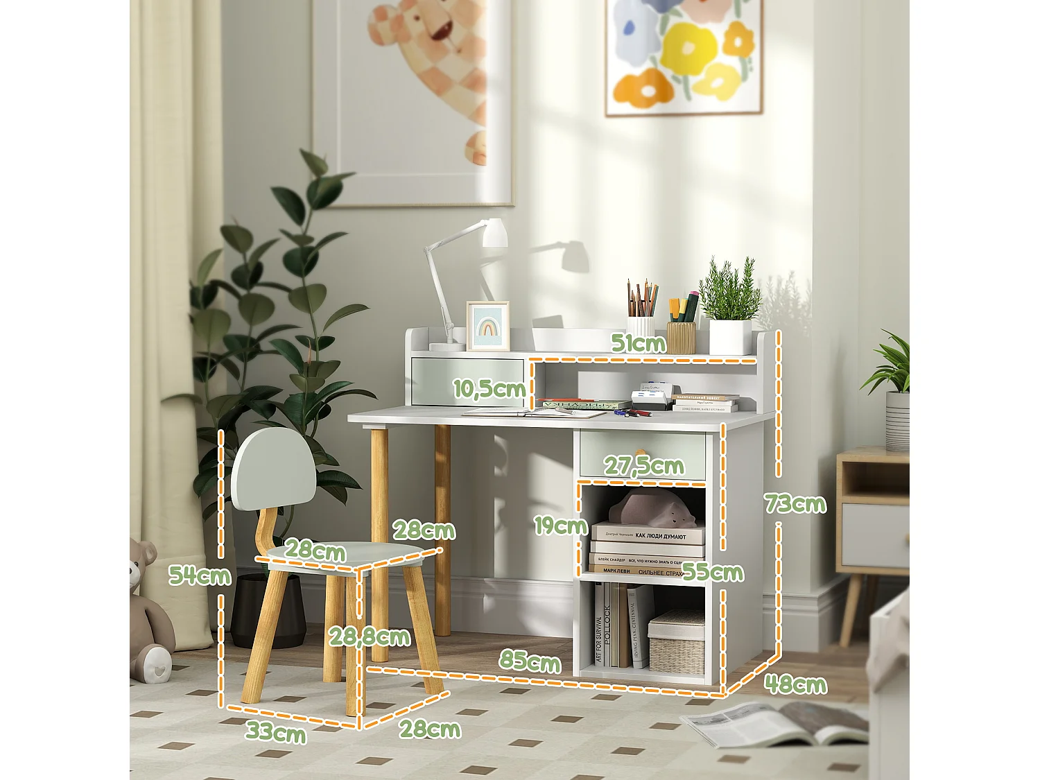 Bureau enfant avec chaise 2 tiroirs 2 niches étagère blanc vert d'eau