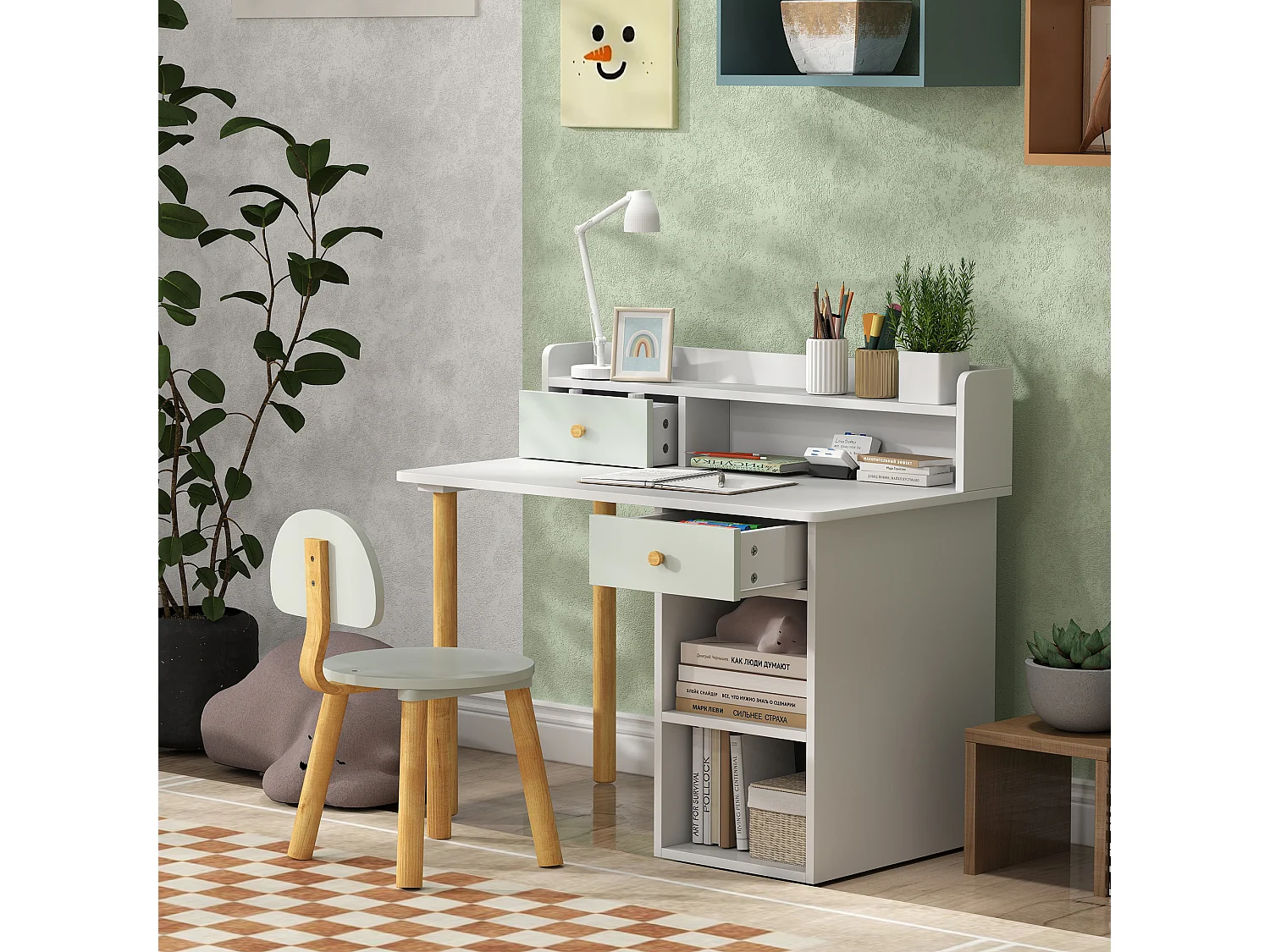 Bureau enfant avec chaise 2 tiroirs 2 niches étagère blanc vert d'eau