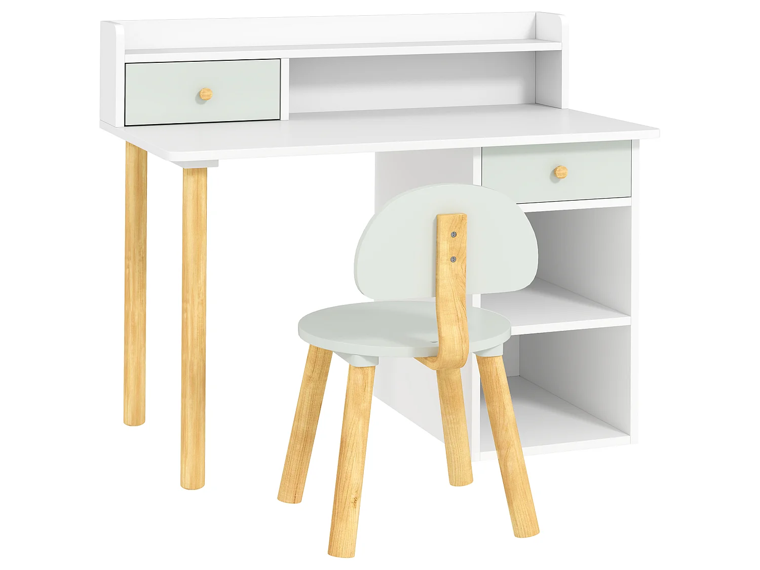 Bureau enfant avec chaise 2 tiroirs 2 niches étagère blanc vert d'eau