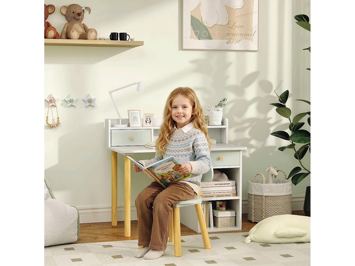 Bureau enfant avec chaise 2 tiroirs 2 niches étagère blanc vert d'eau