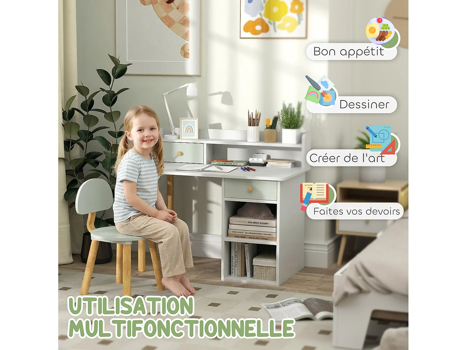 Bureau enfant avec chaise 2 tiroirs 2 niches étagère blanc vert d'eau