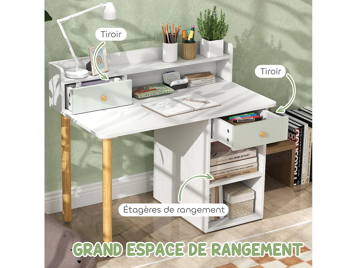 Bureau enfant avec chaise 2 tiroirs 2 niches étagère blanc vert d'eau