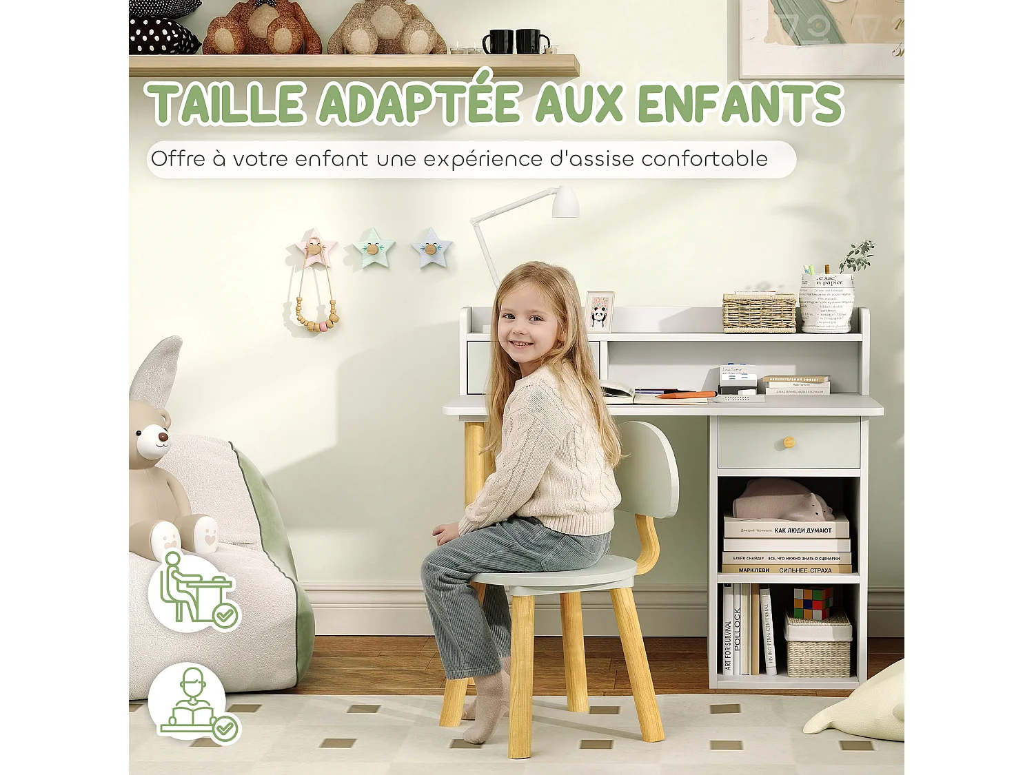 Bureau enfant avec chaise 2 tiroirs 2 niches étagère blanc vert d'eau