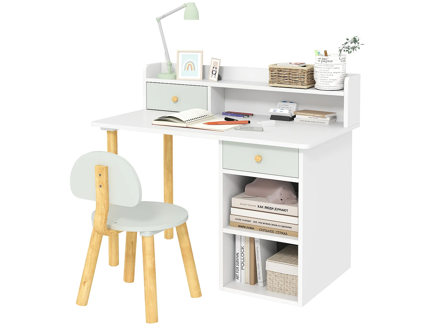 Bureau enfant avec chaise 2 tiroirs 2 niches étagère blanc vert d'eau