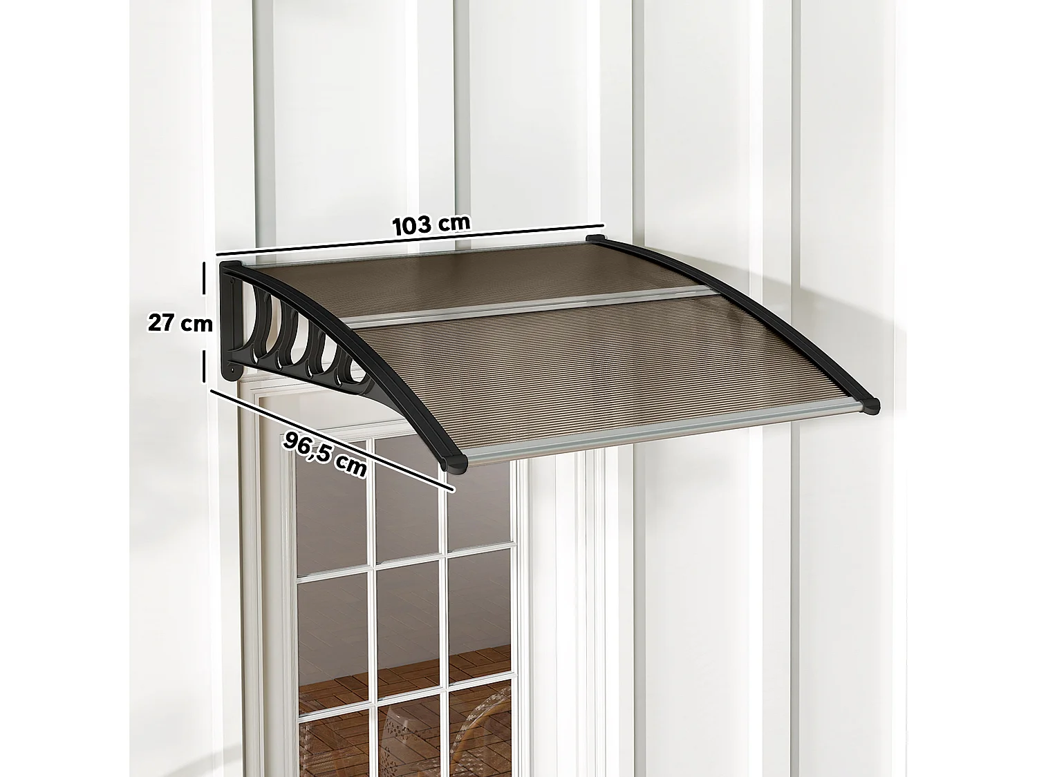 Auvent marquise de porte design voûté arrondi dim. 103x96x27cm alu polycarbonate fumé plastique noir