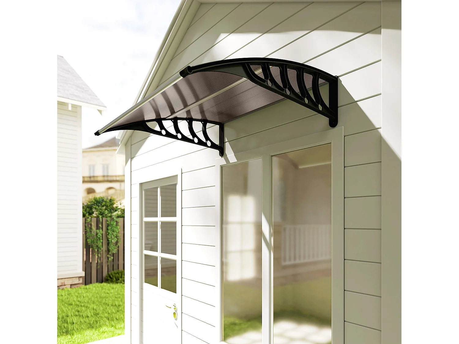 Auvent marquise de porte design voûté arrondi dim. 103x96x27cm alu polycarbonate fumé plastique noir
