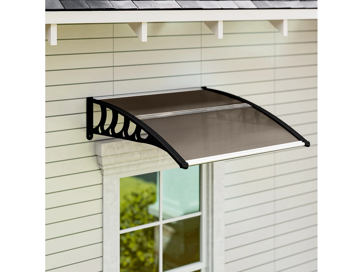 Auvent marquise de porte design voûté arrondi dim. 103x96x27cm alu polycarbonate fumé plastique noir
