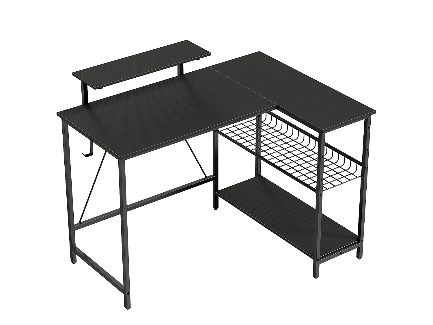 Bureau gaming d'angle réversible multi-rangement métal MDF texture fibre carbone noir
