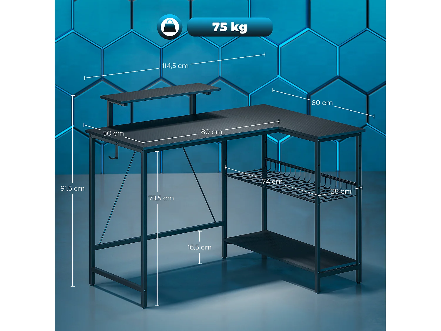 Bureau gaming d'angle réversible multi-rangement métal MDF texture fibre carbone noir