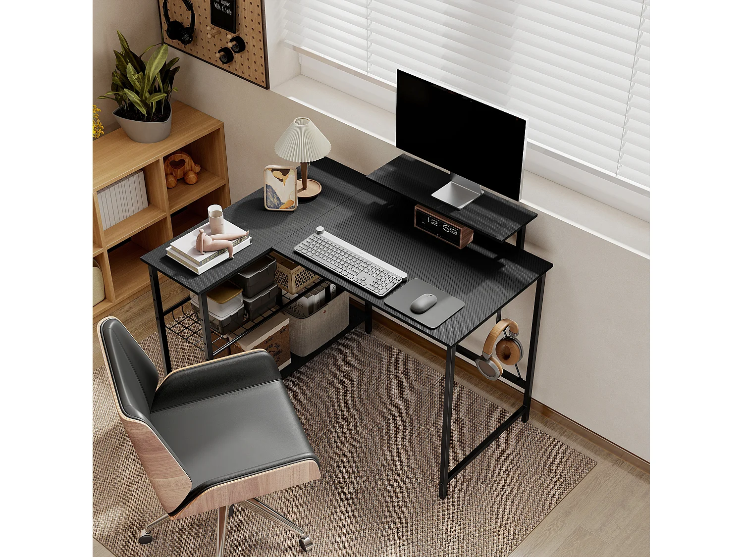 Bureau gaming d'angle réversible multi-rangement métal MDF texture fibre carbone noir