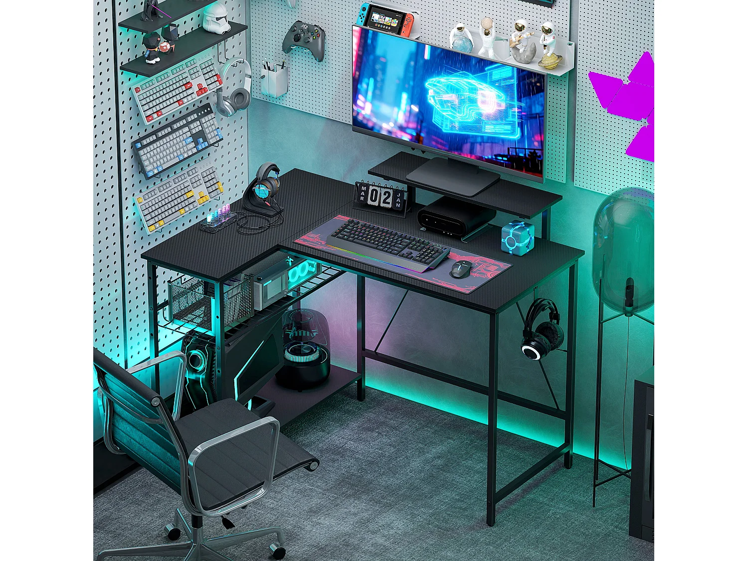Bureau gaming d'angle réversible multi-rangement métal MDF texture fibre carbone noir