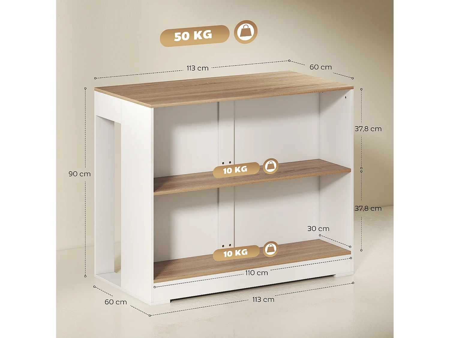 Meuble bar - table haute 2 étagères - dim. 113 x 60 x 90 cm - blanc effet bois clair