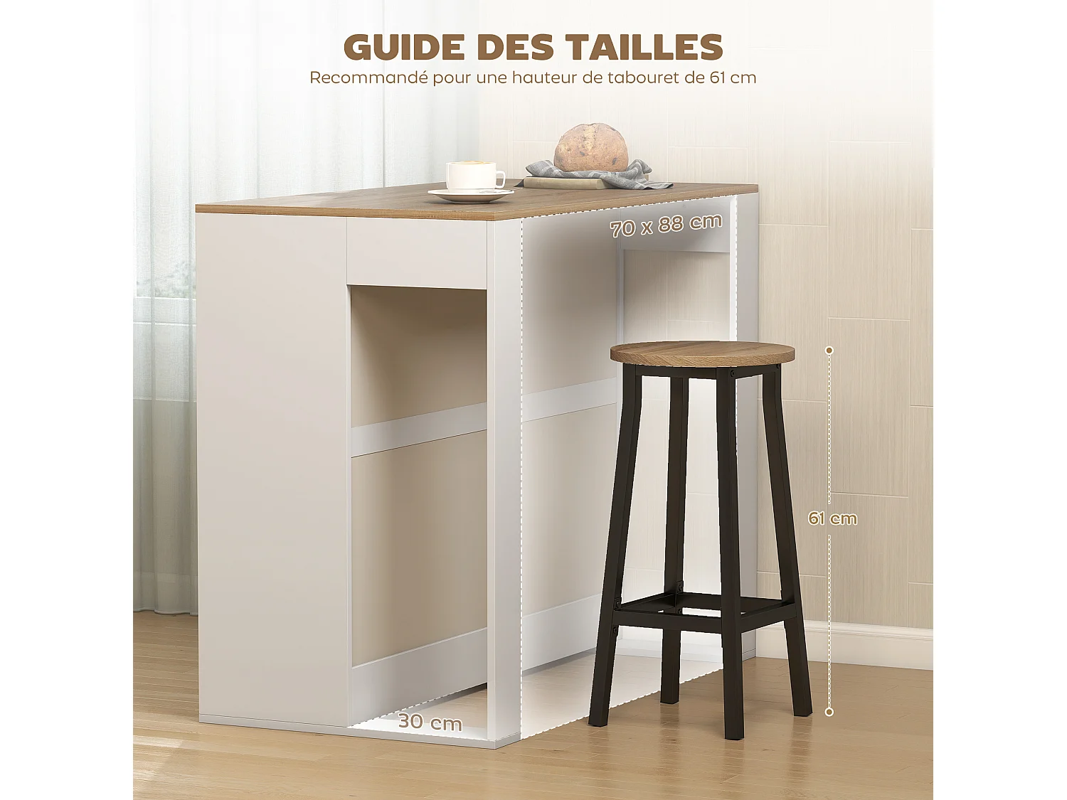 Meuble bar - table haute 2 étagères - dim. 113 x 60 x 90 cm - blanc effet bois clair
