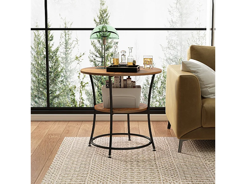Stolik kawowy ława industrialny okrągły do salonu z półką brąz loft 55 cm