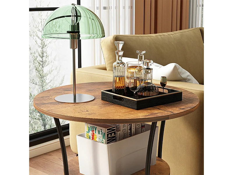 Stolik kawowy ława industrialny okrągły do salonu z półką brąz loft 55 cm