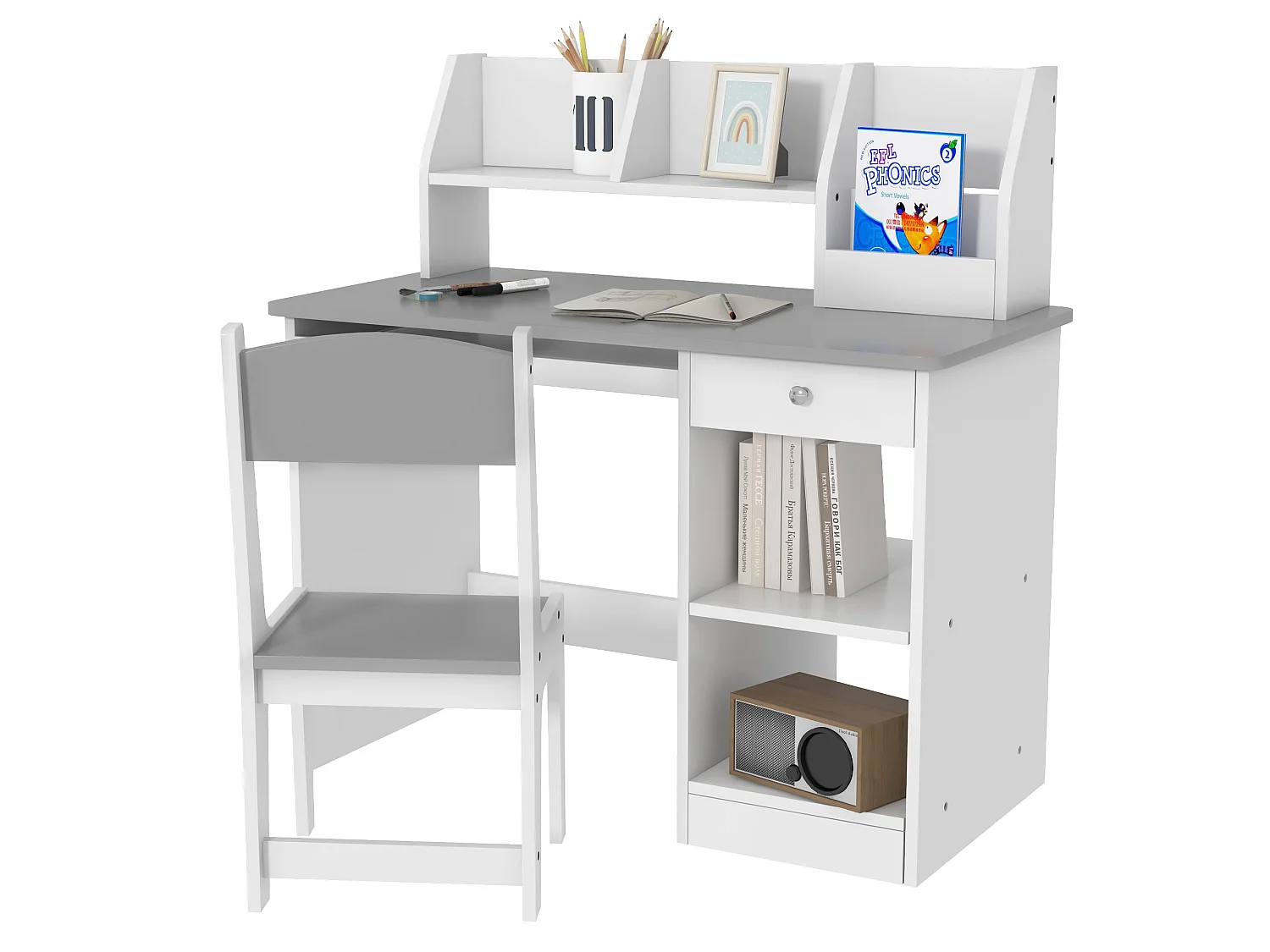 Bureau enfant multi-rangement - ensemble bureau, chaise, étagère - tiroir, plateau coulissant, 2 niches, 2 étagères, 2 présentoirs livres - gris