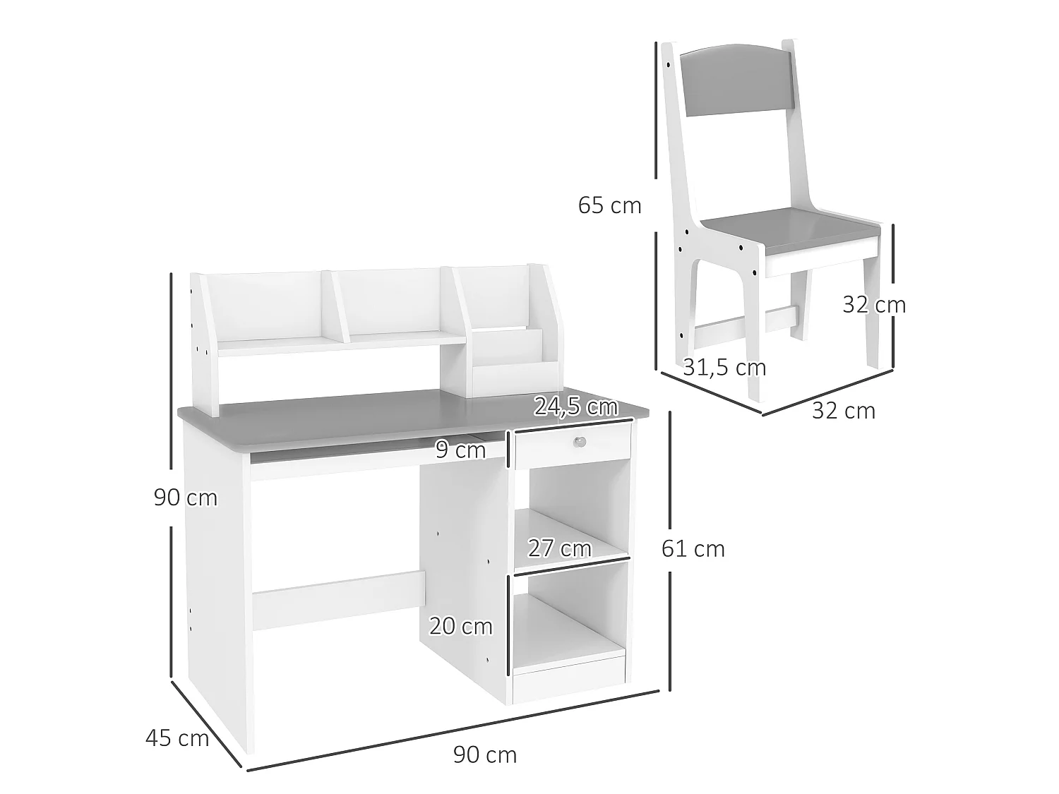 Bureau enfant multi-rangement - ensemble bureau, chaise, étagère - tiroir, plateau coulissant, 2 niches, 2 étagères, 2 présentoirs livres - gris