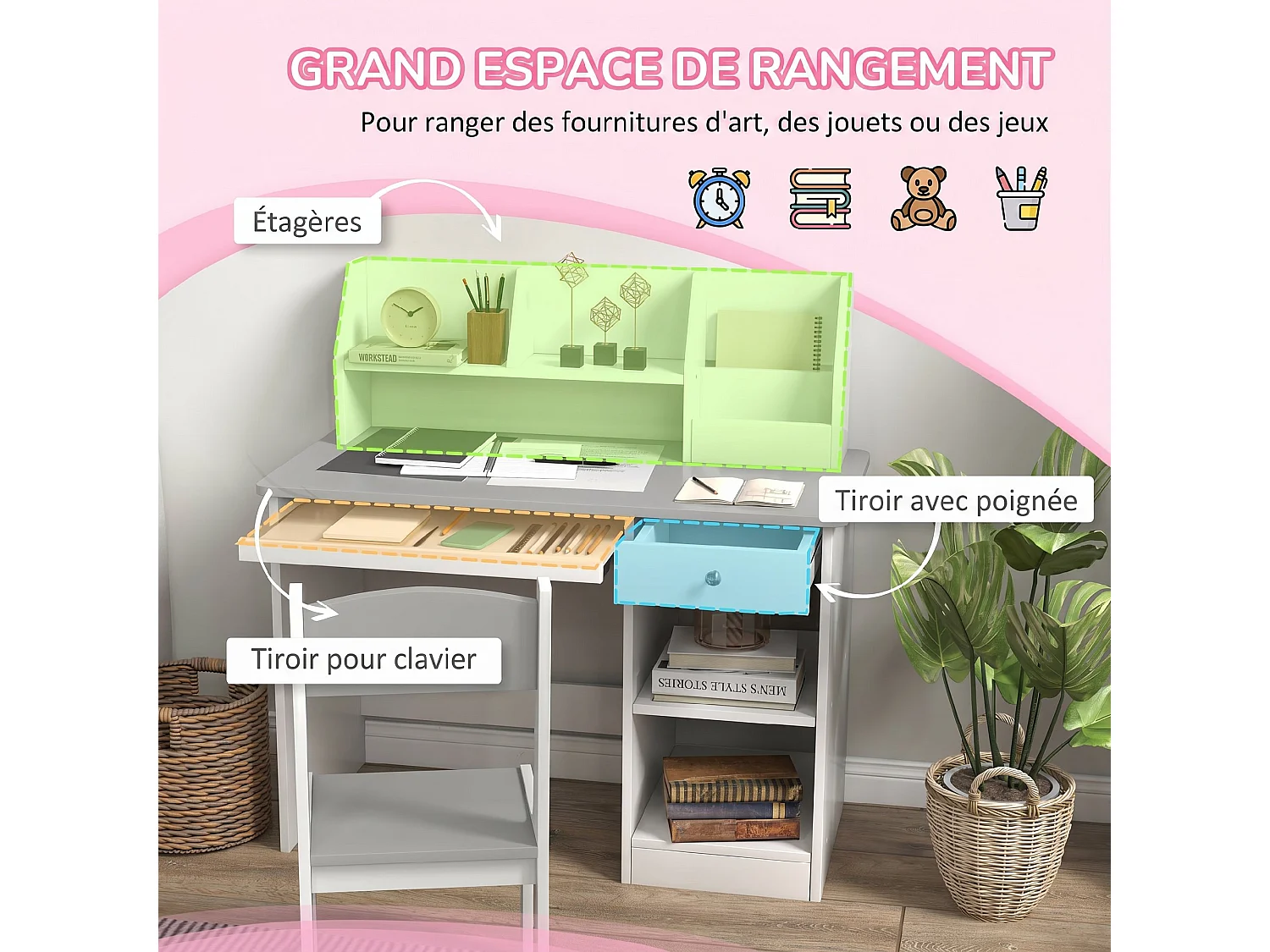 Bureau enfant multi-rangement - ensemble bureau, chaise, étagère - tiroir, plateau coulissant, 2 niches, 2 étagères, 2 présentoirs livres - gris