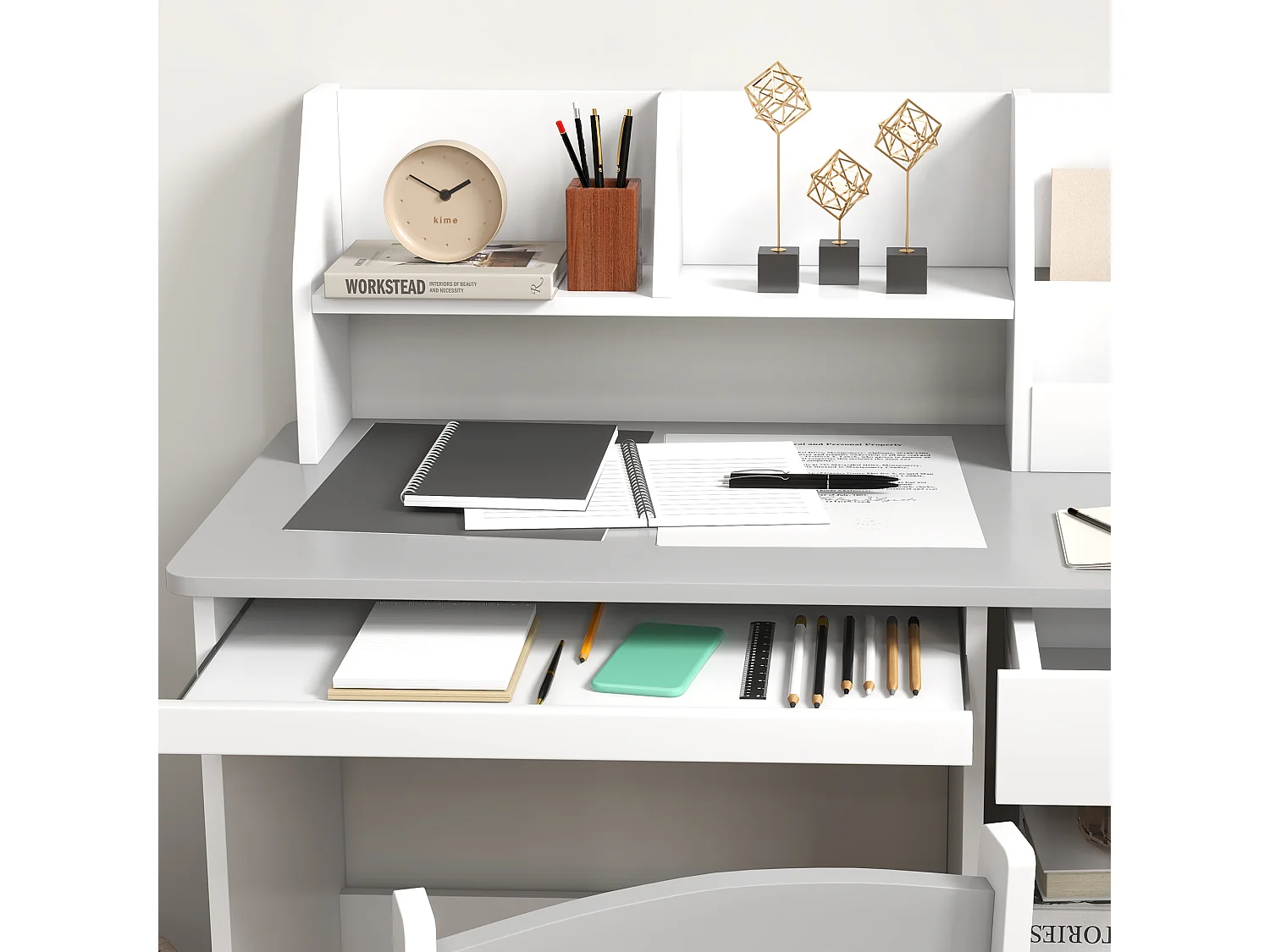 Bureau enfant multi-rangement - ensemble bureau, chaise, étagère - tiroir, plateau coulissant, 2 niches, 2 étagères, 2 présentoirs livres - gris