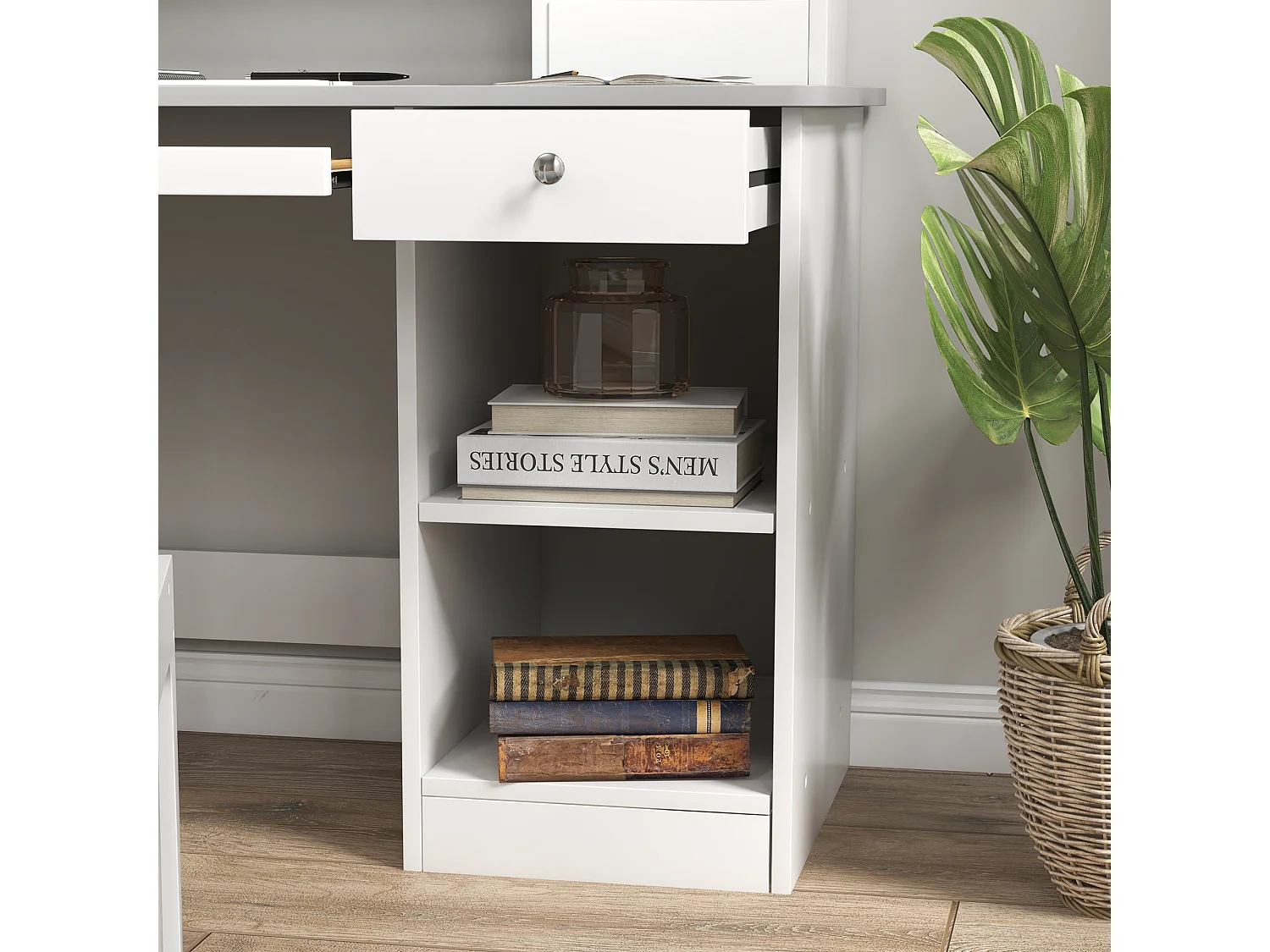Bureau enfant multi-rangement - ensemble bureau, chaise, étagère - tiroir, plateau coulissant, 2 niches, 2 étagères, 2 présentoirs livres - gris