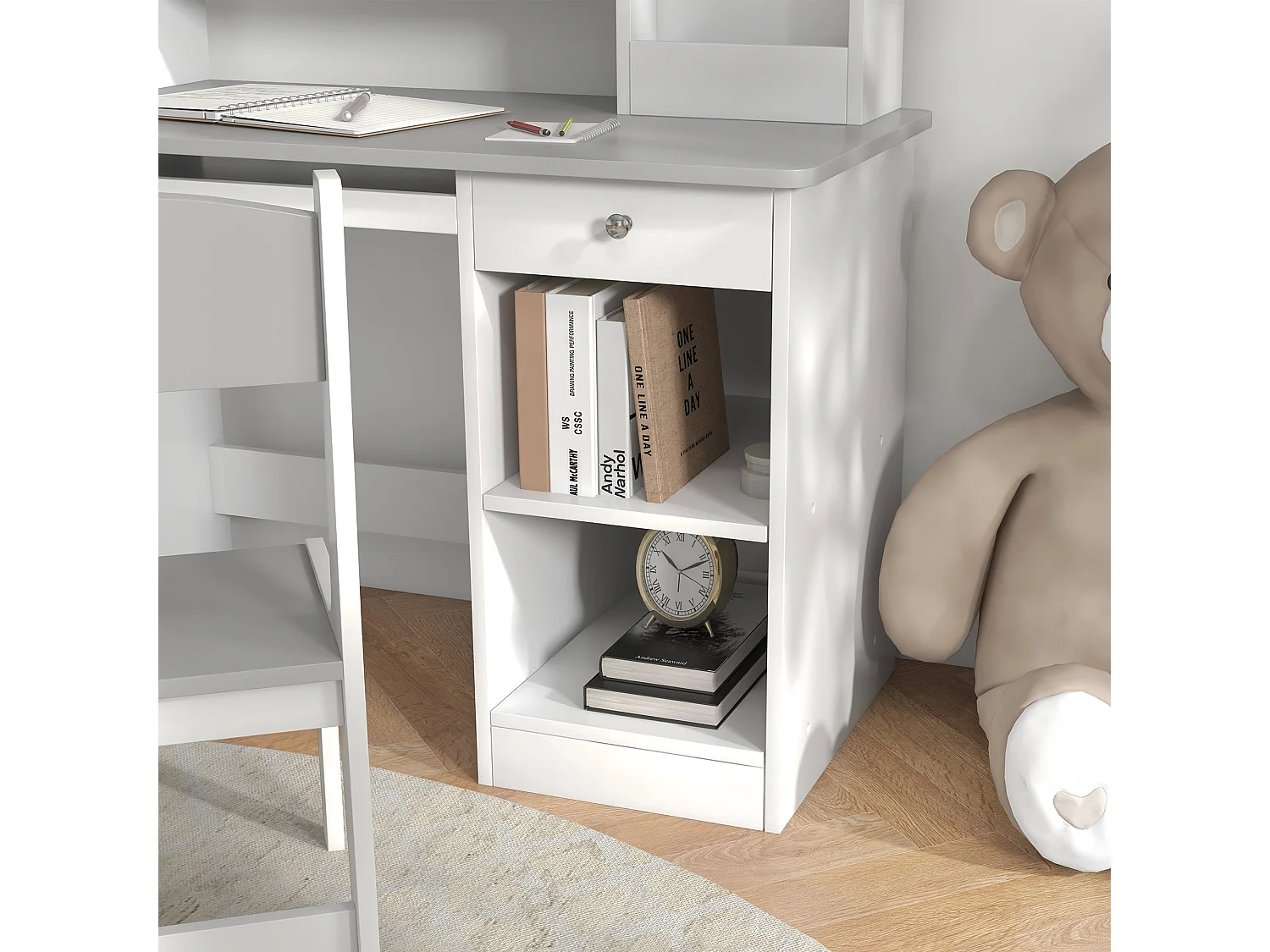 Bureau enfant multi-rangement - ensemble bureau, chaise, étagère - tiroir, plateau coulissant, 2 niches, 2 étagères, 2 présentoirs livres - gris