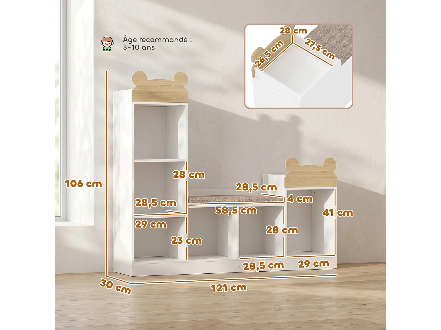 Bibliothèque banc enfant multi-rangement style nordique ourson