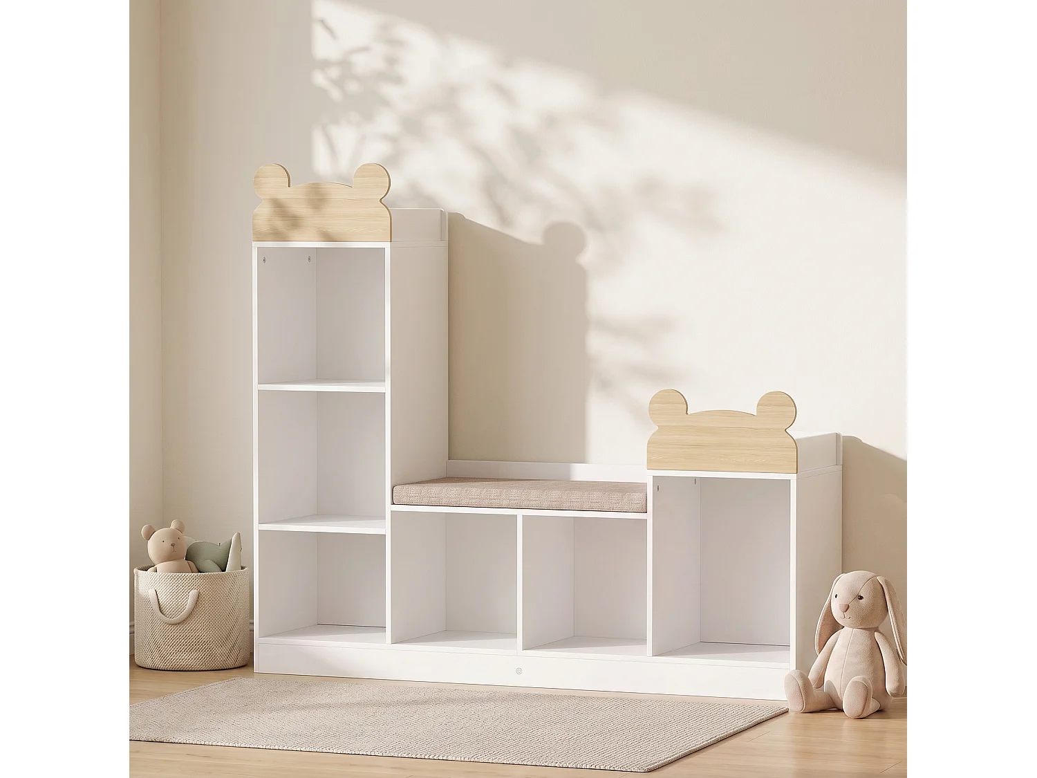 Bibliothèque banc enfant multi-rangement style nordique ourson