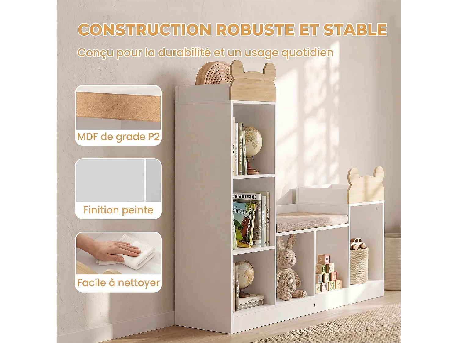 Bibliothèque banc enfant multi-rangement style nordique ourson