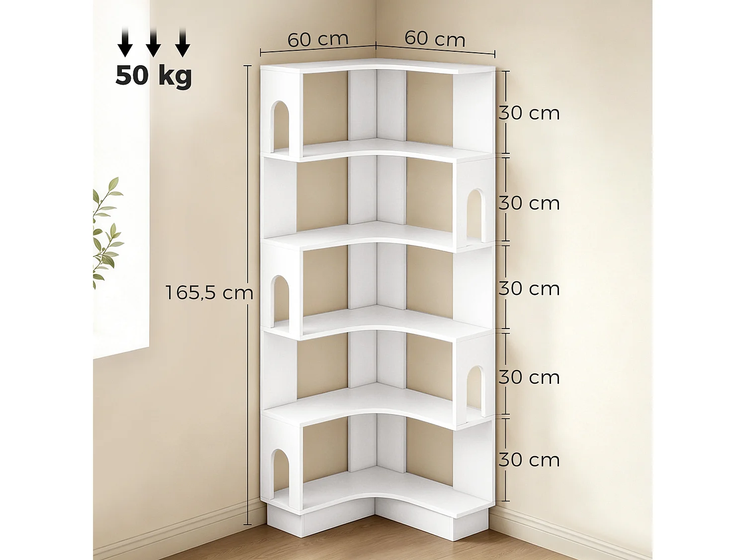 Bibliothèque d'angle design pans latéraux arches 6 niveaux blanc